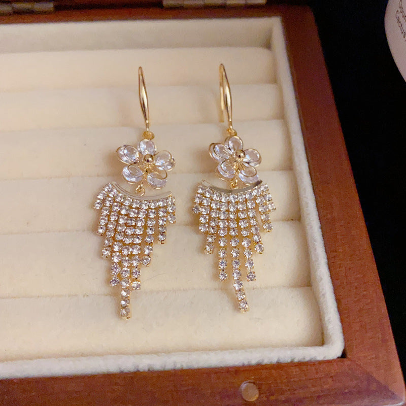 14K Gold-Plated Diamond Flower Tassel Earrings - Elegant Floral Design