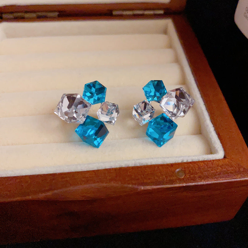S925 Luxury Sea Salt Blue Crystal Cube Earrings – Elegant Design