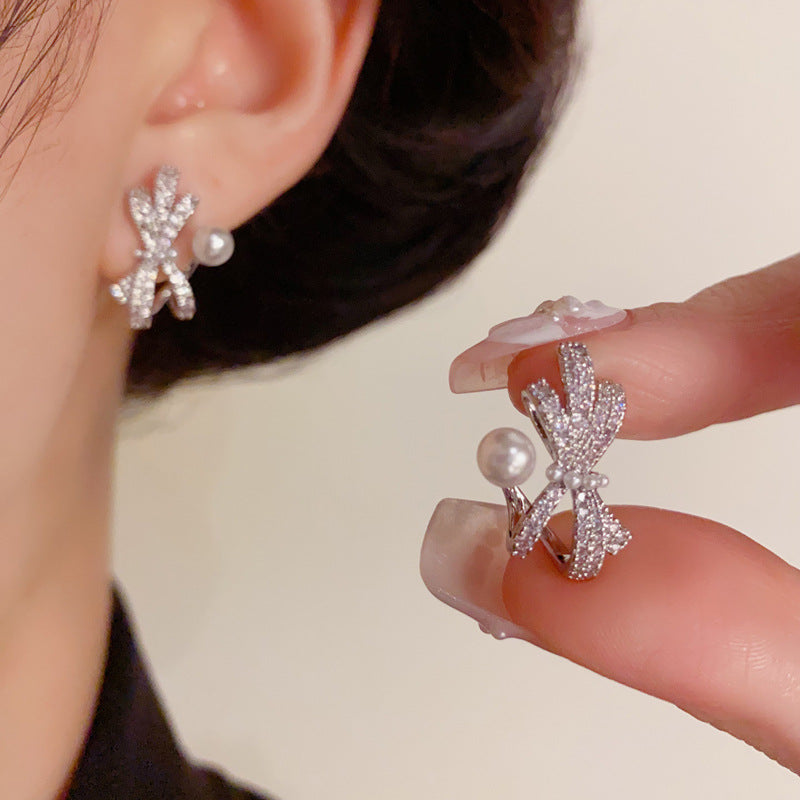Luxury Full-Zircon Bow & Pearl Earrings – Silver Needle Elegant Design