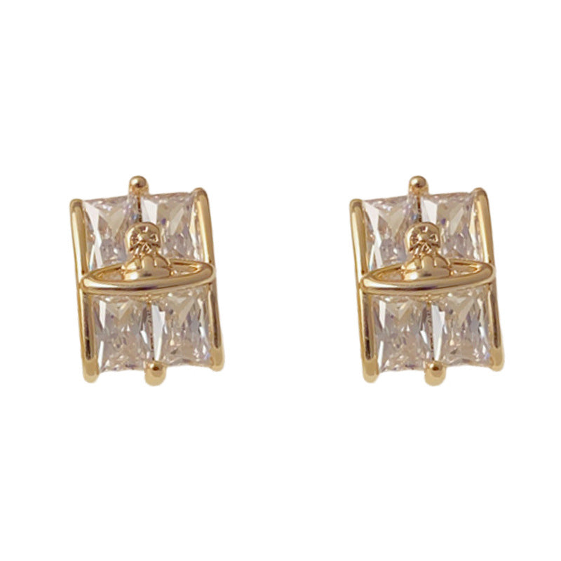 Luxury Geometric Saturn Stud Earrings – Elegant Minimalist Design