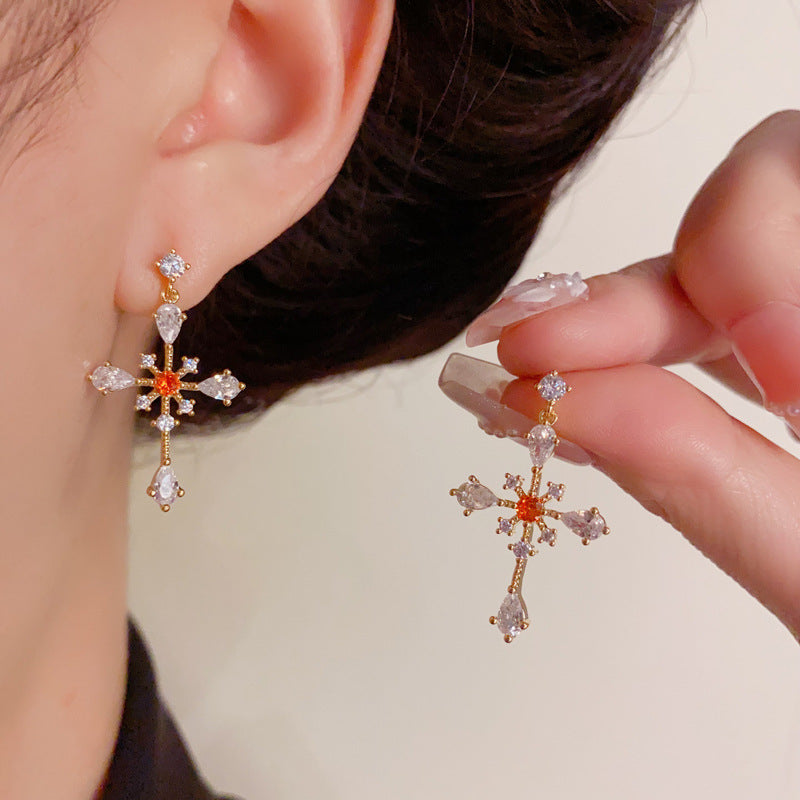 Elegant Full-Zircon Cross Drop Gold Earrings – Geometric Design
