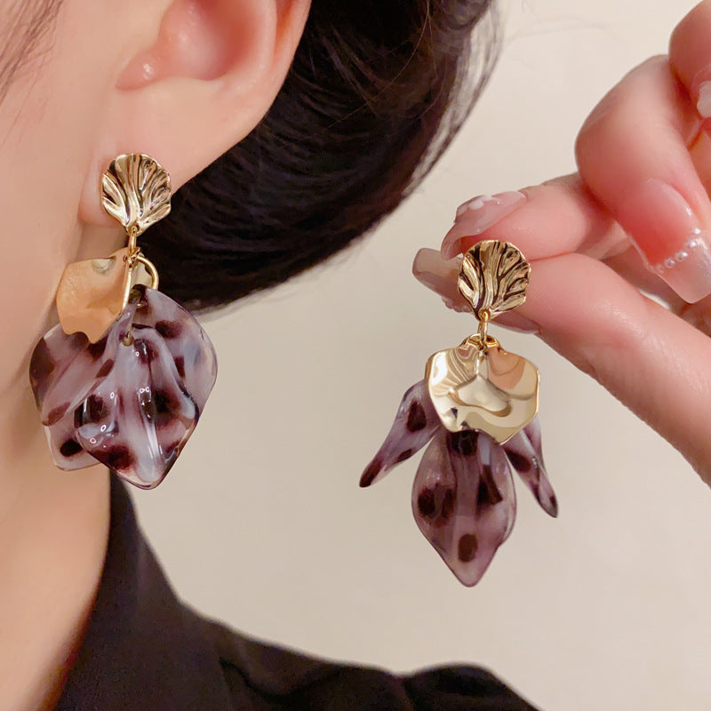 Luxury Leopard Metal Petal Tassel Drop Earrings – French Retro Design