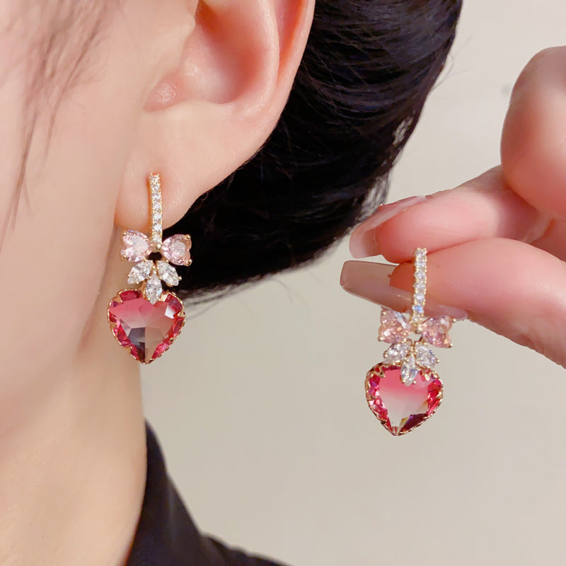 Elegant Zircon Butterfly Bow Heart Earrings – French Minimalist Design