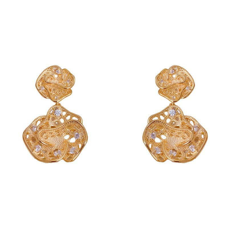 Elegant Metal Hollow 3D Flower Drop Earrings – Floral Design