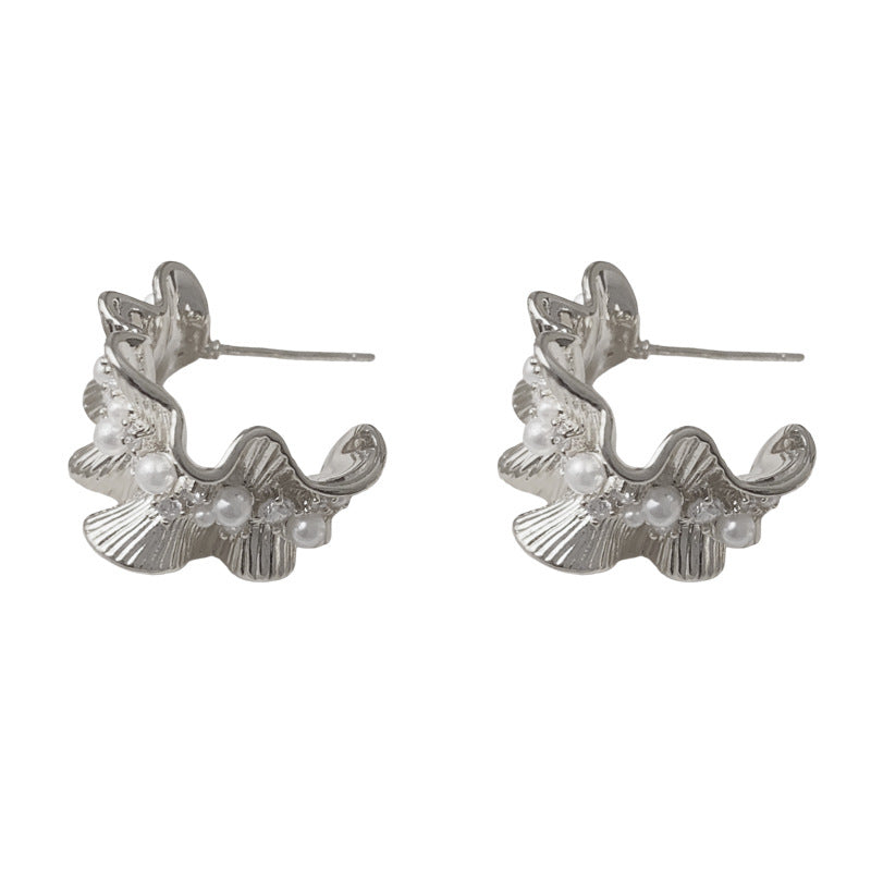 Elegant Zircon Pearl Ruffled Edge Hoop Earrings – Vintage Design