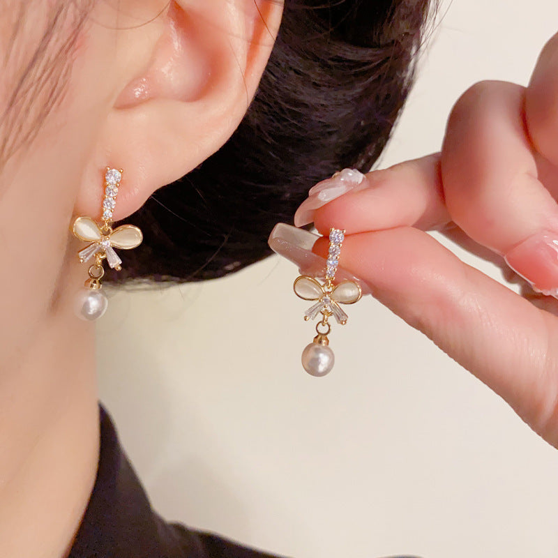 Elegant Zircon Bow & Pearl Drop Gold Earrings – S925 Silver Needle