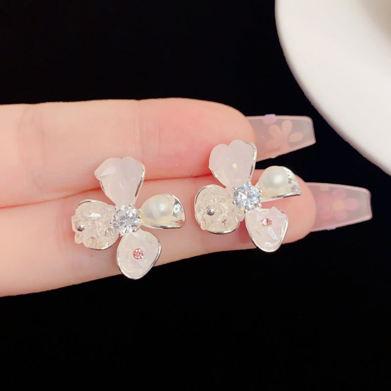 Eaioncol Crystal Freshwater Pearl Floral Stud Earrings Silver