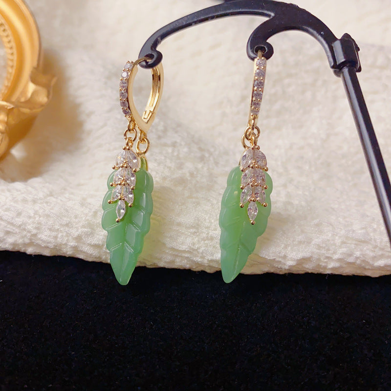 Luxury Zircon Green Leaf Tassel Drop Earrings – Floral Design