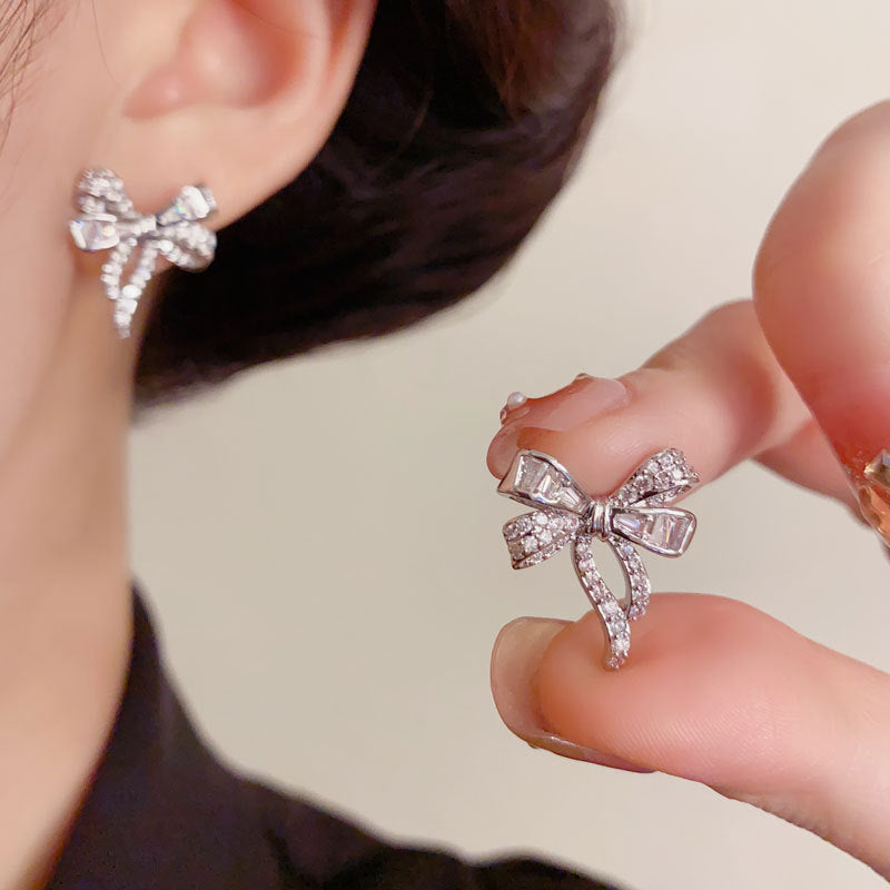 Elegant Full-Zircon Bow Stud Earrings – Minimalist Design