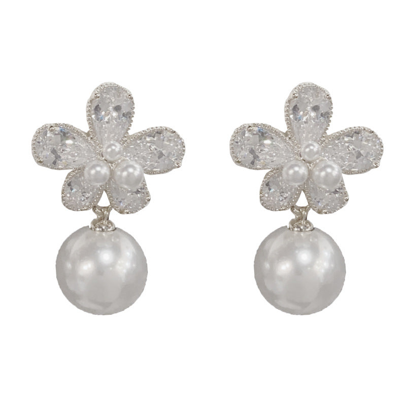 Eaioncol Floral Petal Drop Cubic Zirconia Pearl Earrings Gold