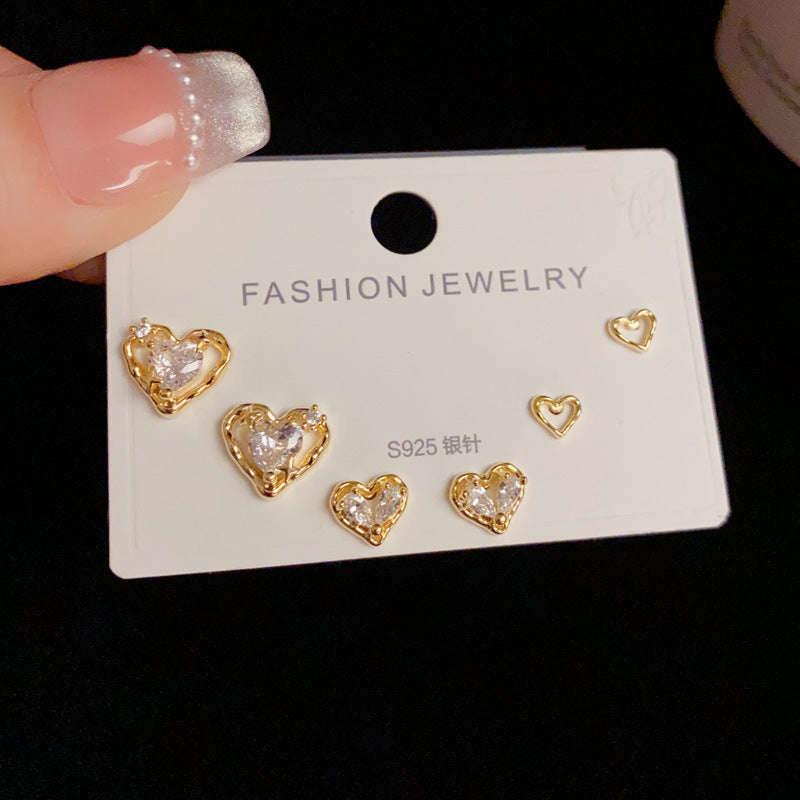 14K Gold-Plated Diamond Heart Three-Piece Stud Earrings-Elegant & Chic