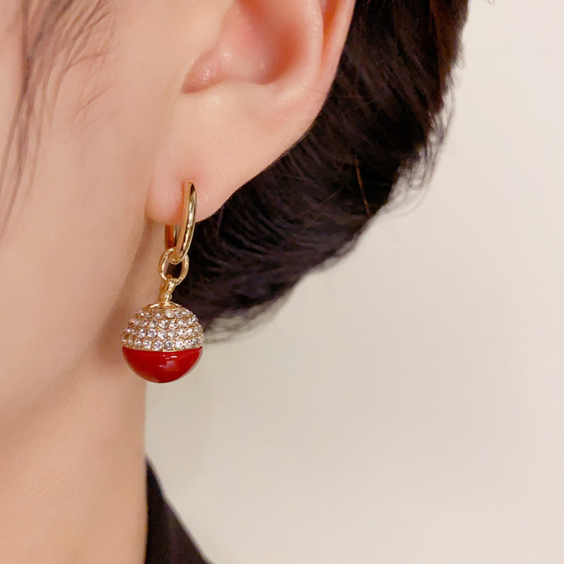 Elegant Full-Zircon Red Sphere Drop Earrings - Geometric Design