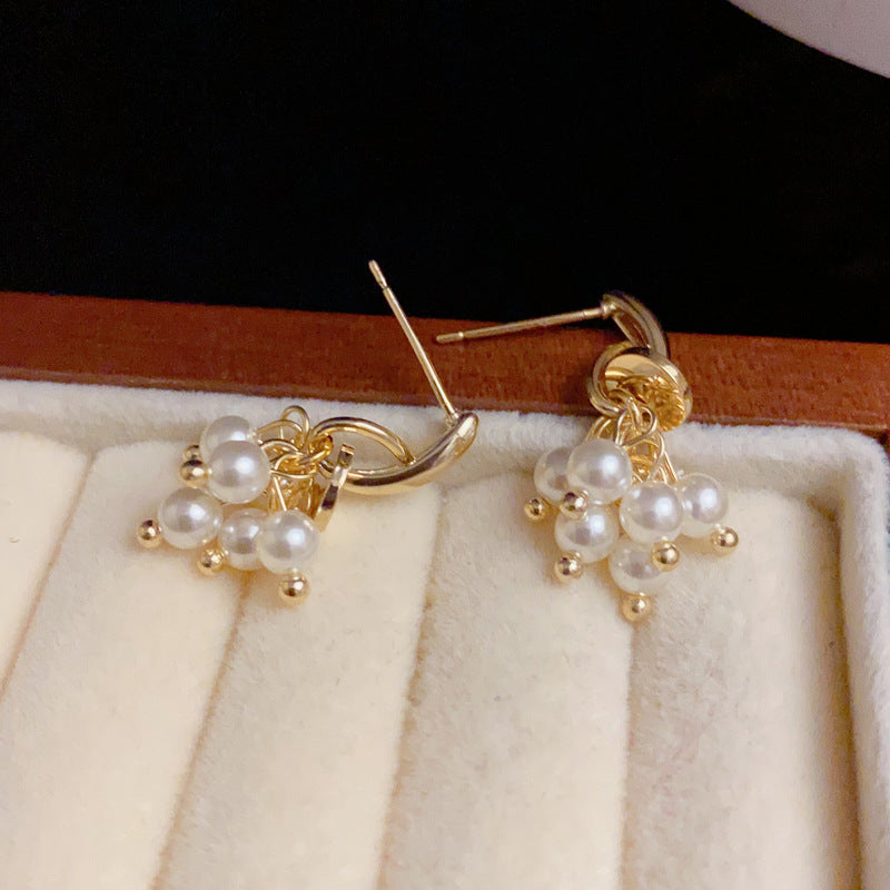 14K Gold-Plated Pearl Grape Tassel Earrings – Elegant Design