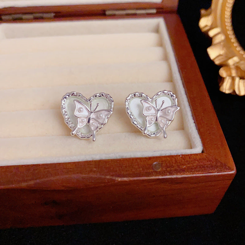 Luxury Silver-Coated Heart Butterfly Stud Earrings – Elegant Design