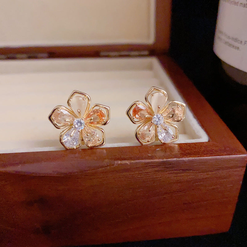 14K Gold Crystal Flower Clip-On Earrings – Elegant No-Piercing Design