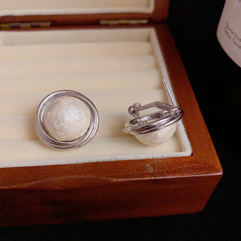 14K Gold Metal-Wrapped Cotton Pearl Stud Earrings – Elegant Design