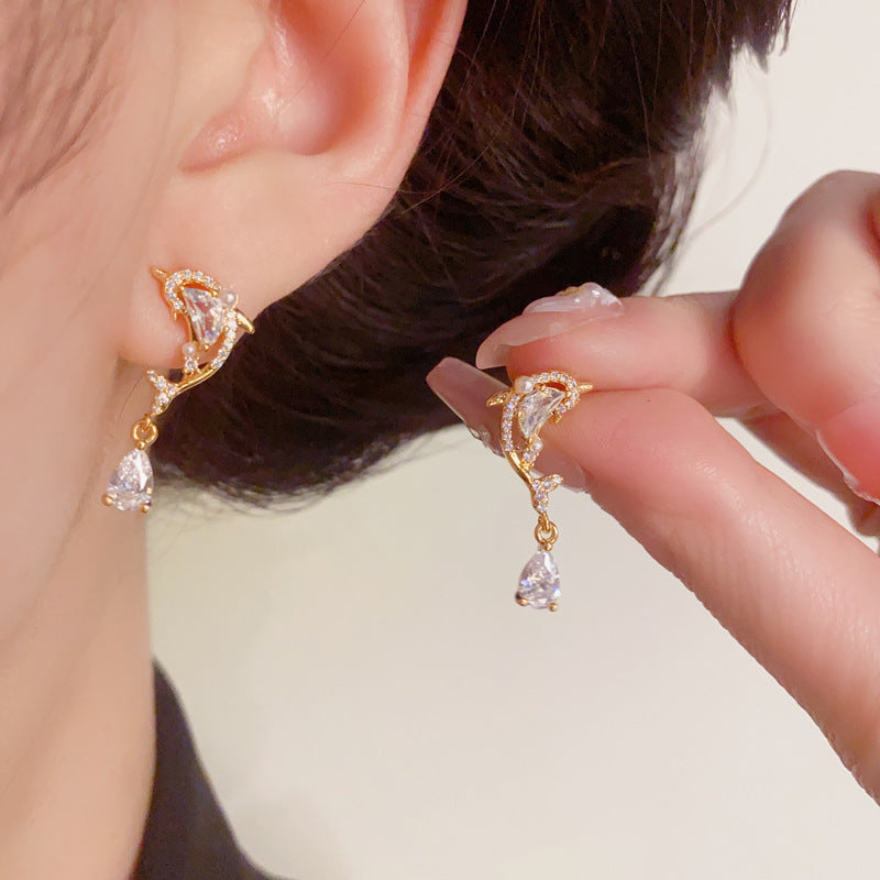 14K Gold Luxury Dolphin Waterdrop Drop Earrings – S925 Silver Needle