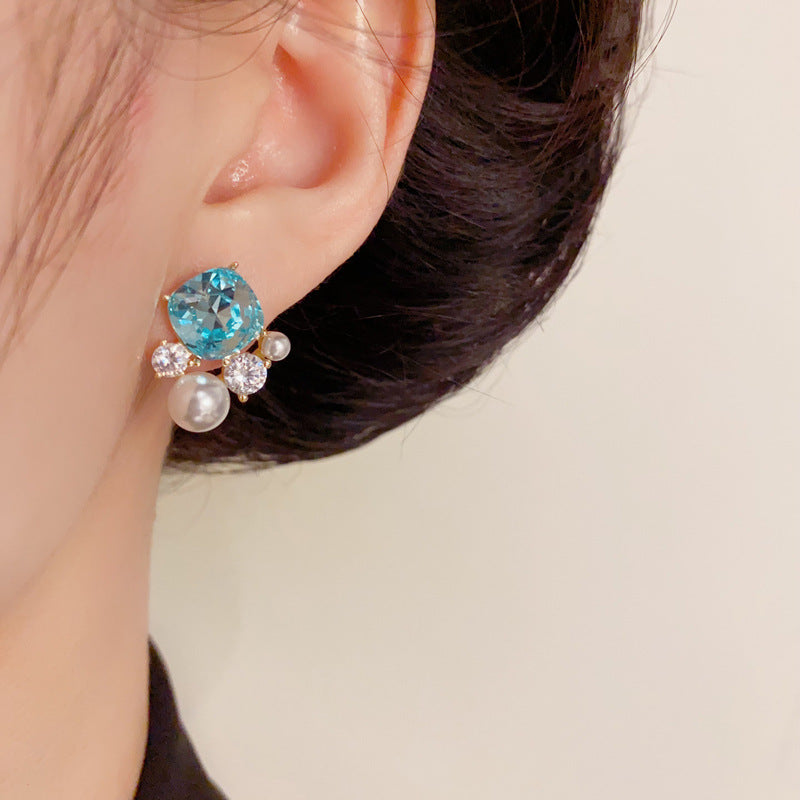 Luxury Blue Zircon & Pearl Stud Geometric Earrings – Elegant Design