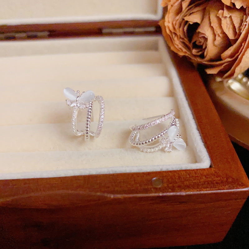 Zircon Butterfly Multi-Layer Arc Stud Earrings – S925 Silver Needle