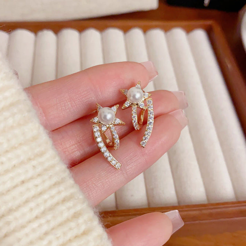 Elegant Zircon Pearl Star Geometric Stud Earrings – Minimalist Design