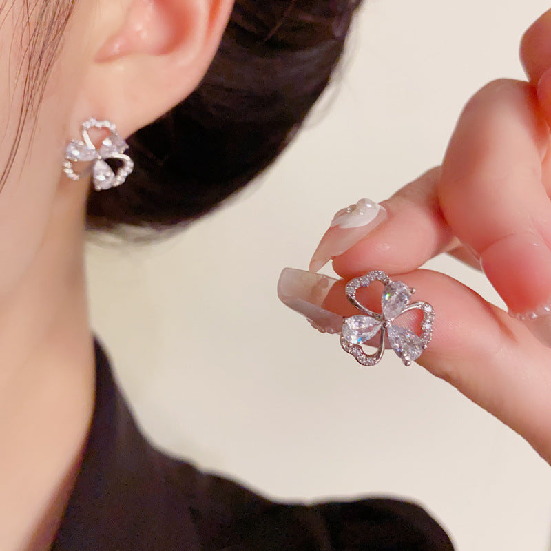 Elegant Zircon Three-Leaf Flower Stud Earrings – Floral Design
