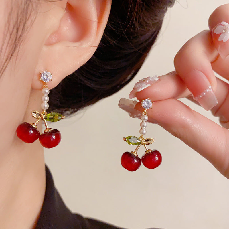 Elegant Red Cherry Pearl Drop Earrings – Sweet Fruit Design