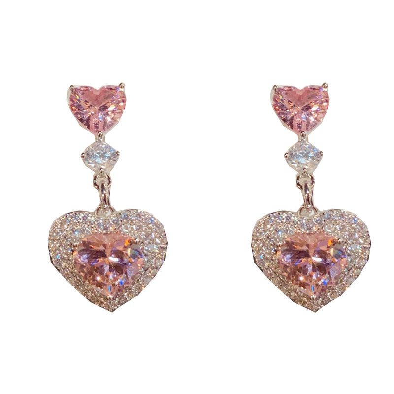 14K Gold Full Zircon Heart Tassel Earrings – Sparkling Elegant Style