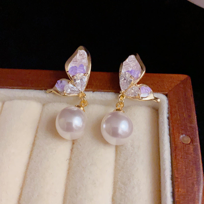 14K Gold-Plated Butterfly Pearl Drop Earrings – Elegant Sweet Design