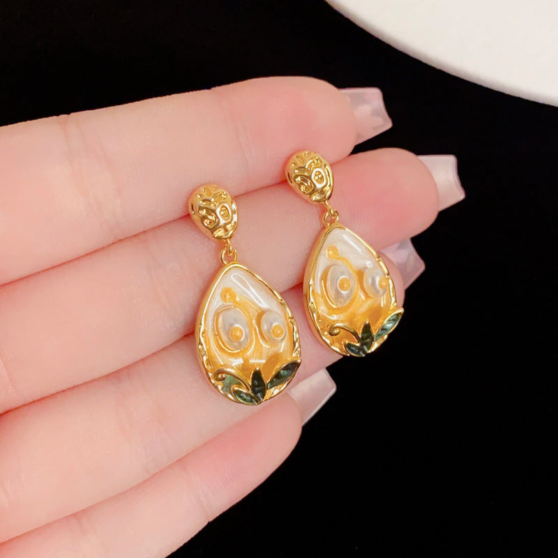 Eaioncol Enamel Painted Flower Pearl Drop Earrings Gold