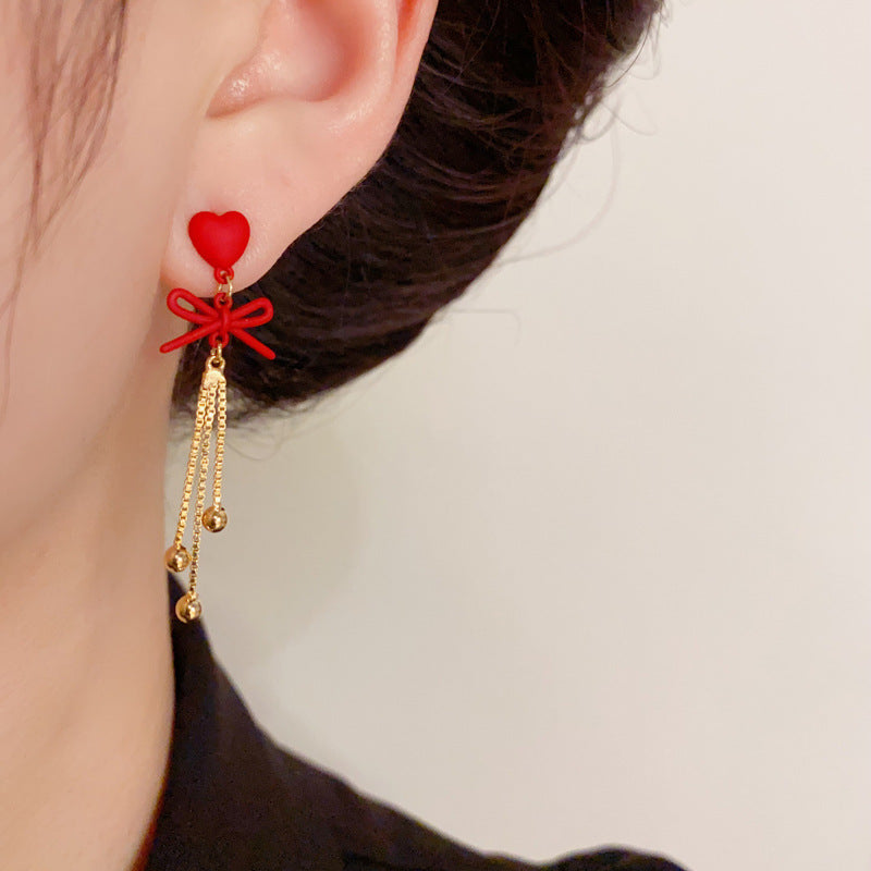 14K Gold-Plated Red Heart Bow Tassel Drop Earrings - Chic Design