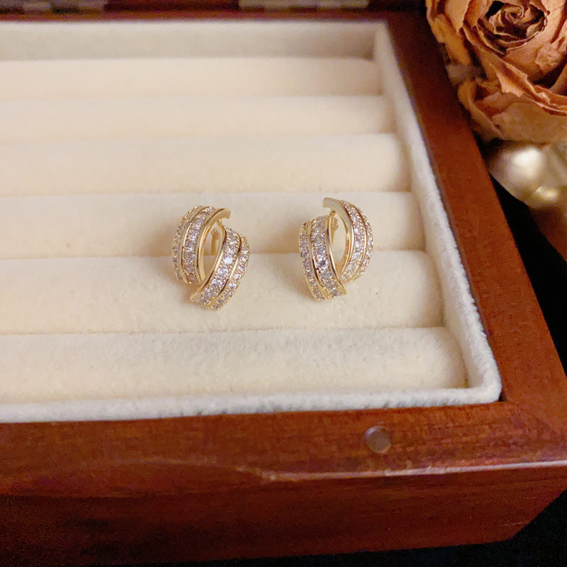 Luxury Full-Zircon Double-Layer Stud Gold Earrings – Geometric Design