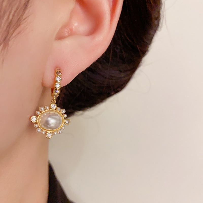 14K Gold Pearl Zircon Sunflower Earrings - Chic Elegance Design