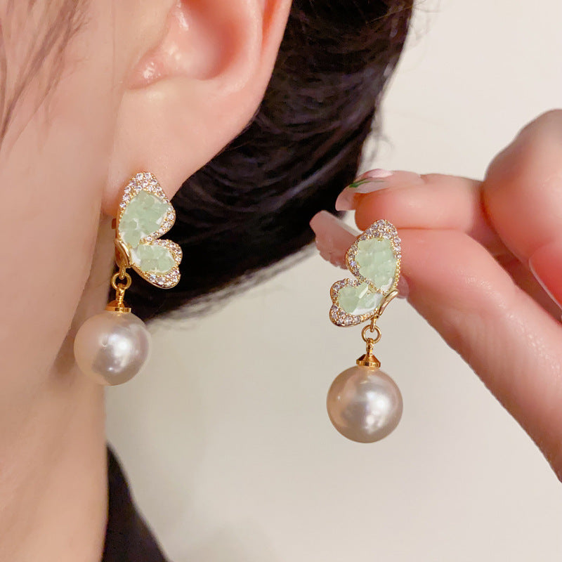14K Gold-Plated Green Butterfly Pearl Drop Earrings – Elegant Design