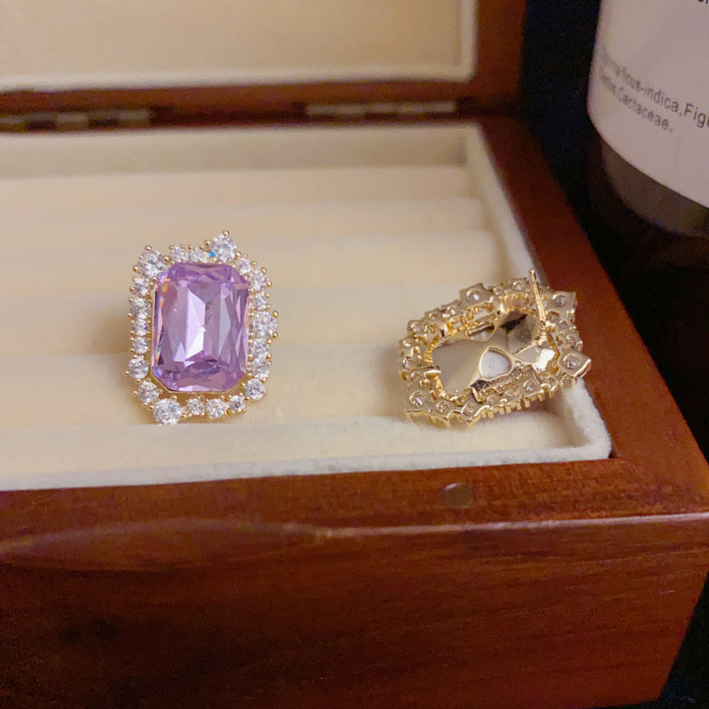 14K Gold-Plated Zircon Purple Square Stud Earrings – Elegant Design