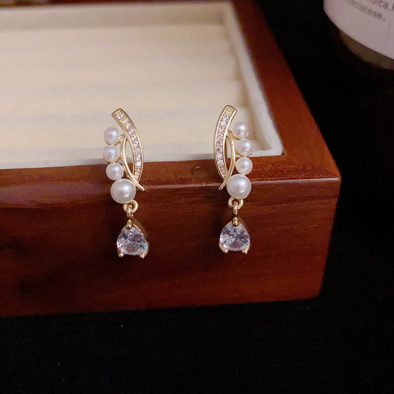 14K Gold-Plated Zircon Pearl Cross Waterdrop Earrings – Elegant Design