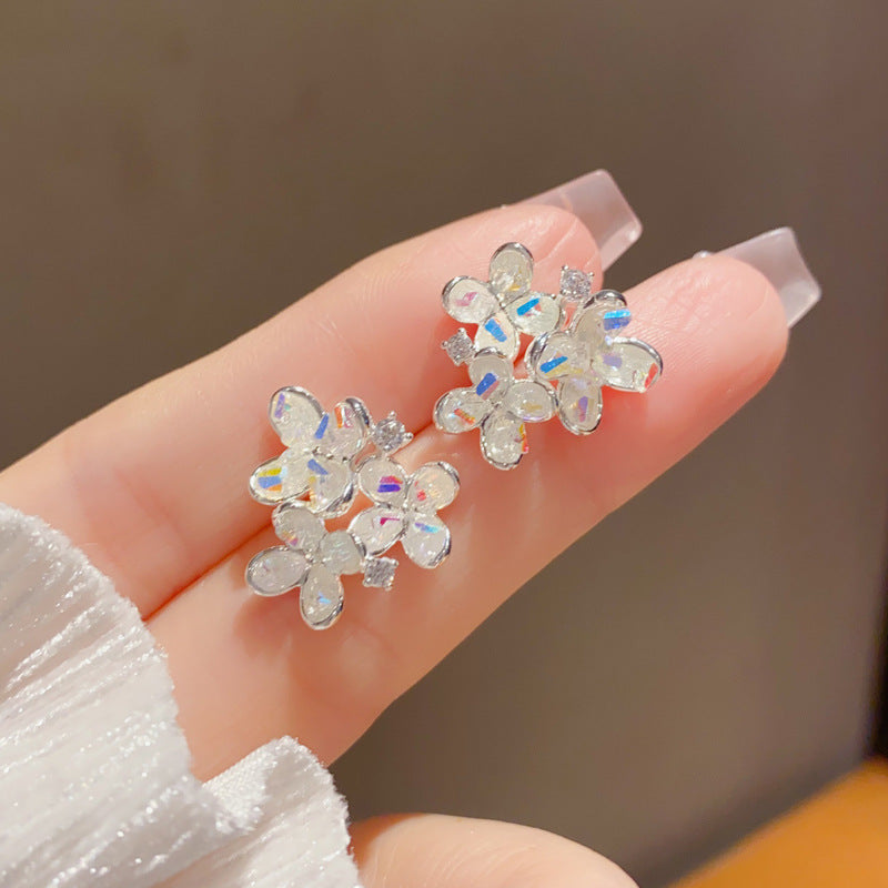 Eaioncol Floral Crystal Petal Stud Earrings Silver
