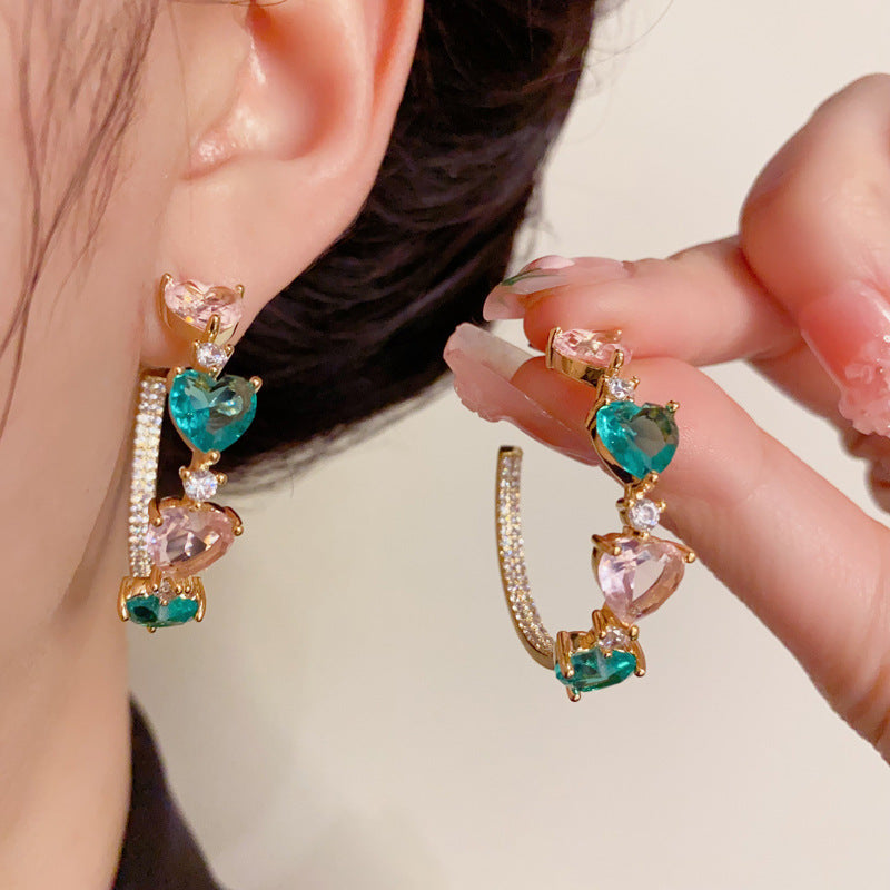 14K Gold Colorful Heart C-Shaped Hoop Earrings – Bold & Chic Design