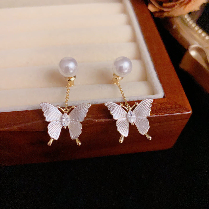 Pearl & Butterfly Tassel Front-Back Drop Earrings – S925 Silver Needle