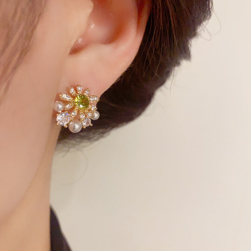 14K Gold-Plated Pearl Sunflower Stud Earrings - Elegant Floral Design