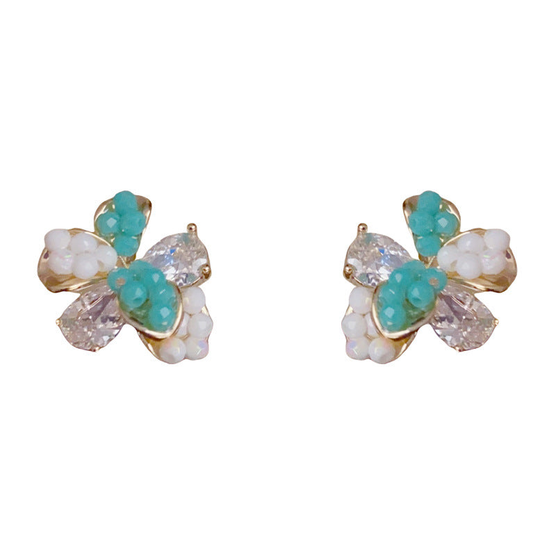 14K Gold-Plated Zircon Two-Tone Petal Stud Earrings – Elegant Floral
