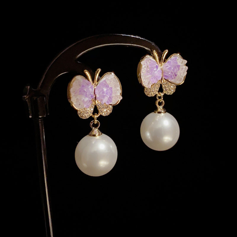 14K Gold Amethyst Butterfly Pearl Drop Earrings – Elegant Chic Design