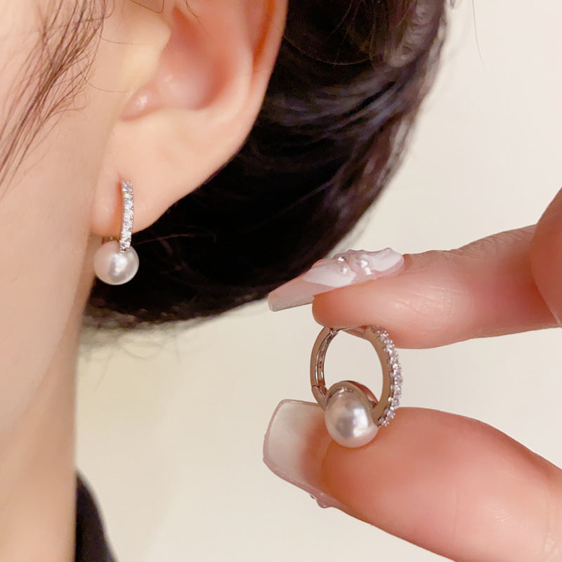 14K Gold Pearl & Zircon Hoop Earrings – Minimalist Luxury Design