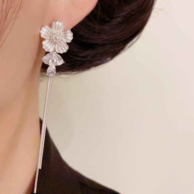 14K Gold Floral Crystal Tassel Drop Earrings – Elegant Slim Design