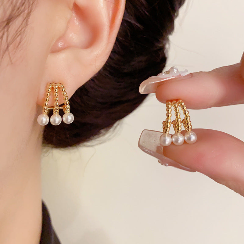 14K Gold-Plated Three-Row Pearl Hoop Earrings - Minimalist Elegance