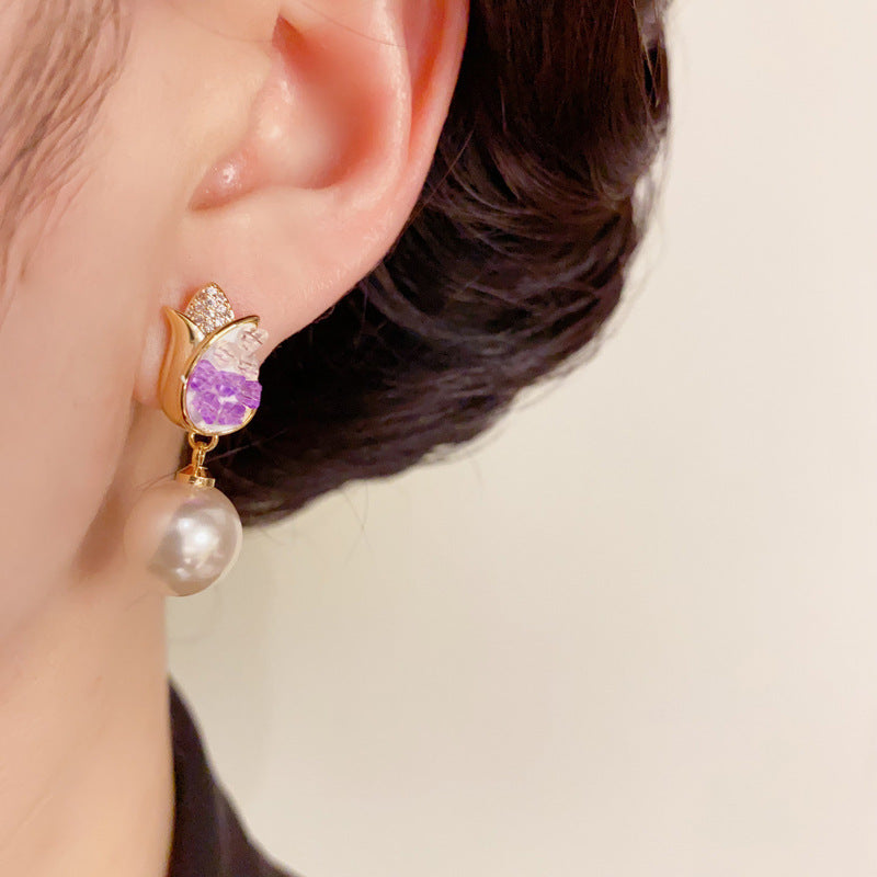 14K Gold-Plated Purple Tulip Pearl Drop Earrings–Elegant Floral Design