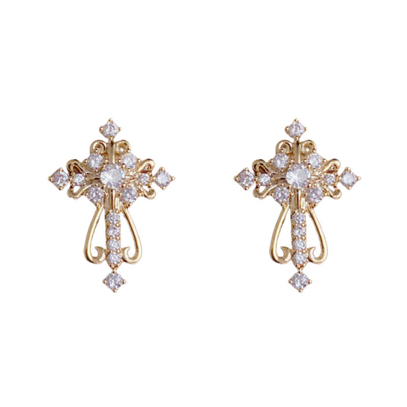 Elegant Full-Zircon Cross Stud Earrings – Geometric Design