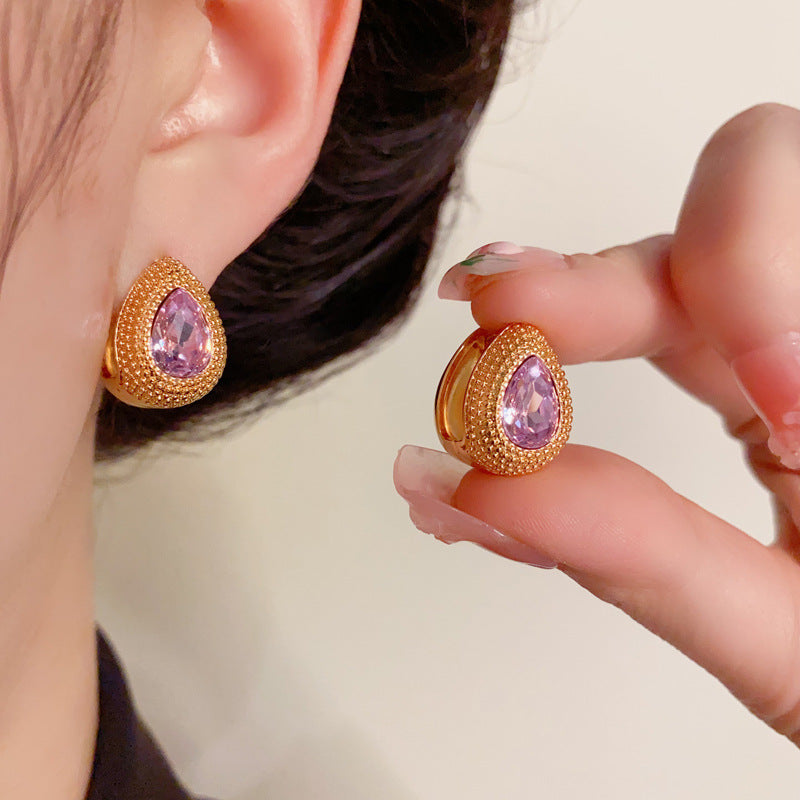 14K Gold-Plated Purple Zircon Waterdrop Hoop Earrings – Elegant Glow