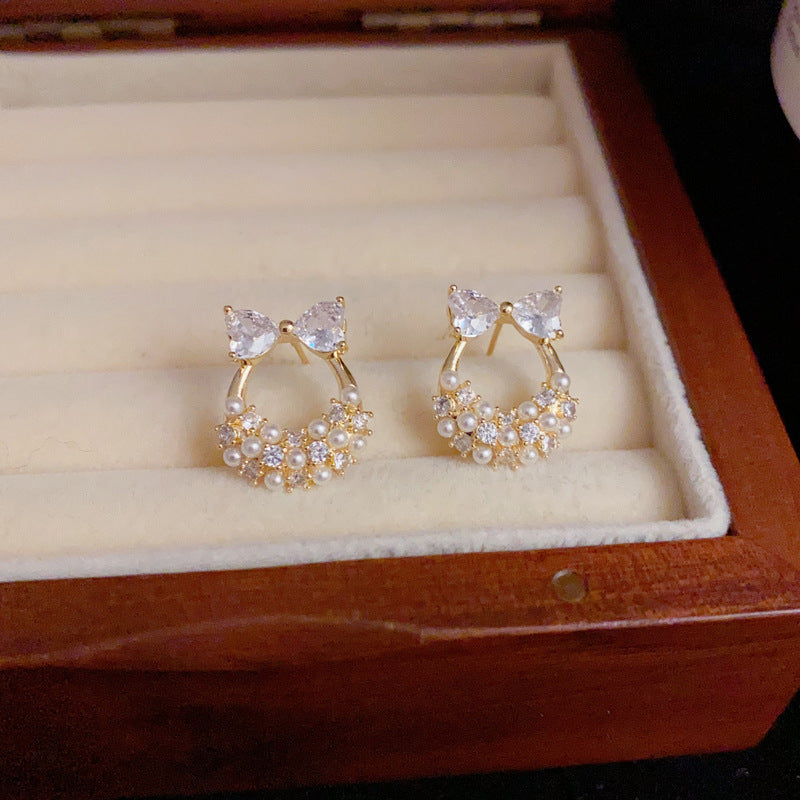 14K Gold-Plated Bow Pearl Hoop Stud Earrings – Sweet Minimalist Design