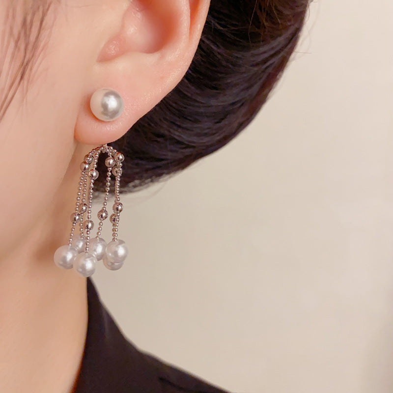 Elegant Two-Way Pearl Tassel Drop Earrings – Long Fringe Design