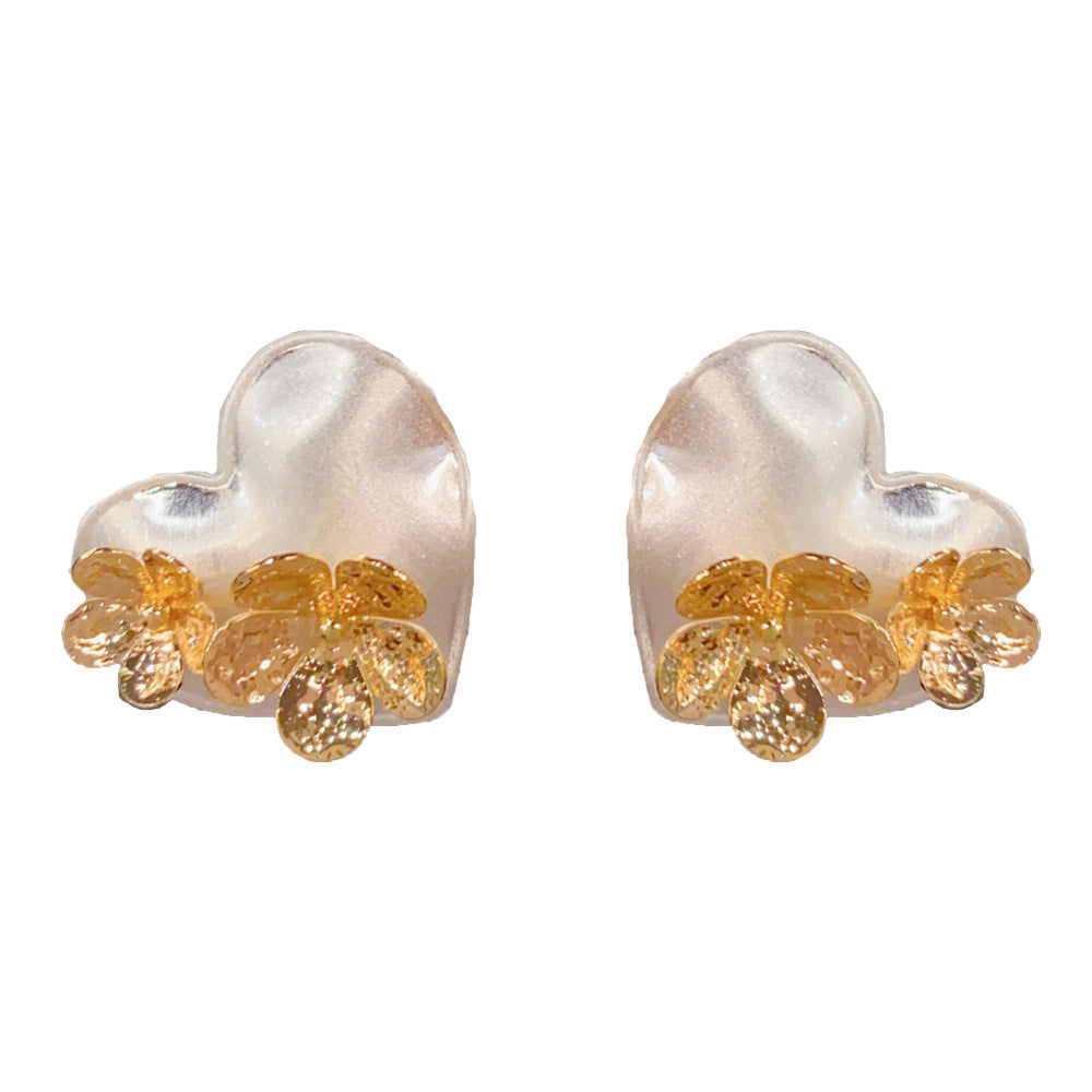 Eaioncol Two-Tone Brushed Heart Floral Earrings 14K Gold Plated